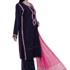 3-Piece Embroidered Lawn Suit, Navy with Pink Dupatta, for Women