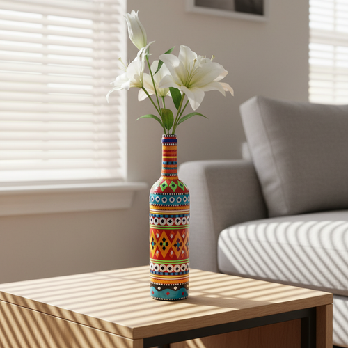 Traditional Truck Art Decorative Glass Bottle Vase, Handcrafted Multicolor Home Decor