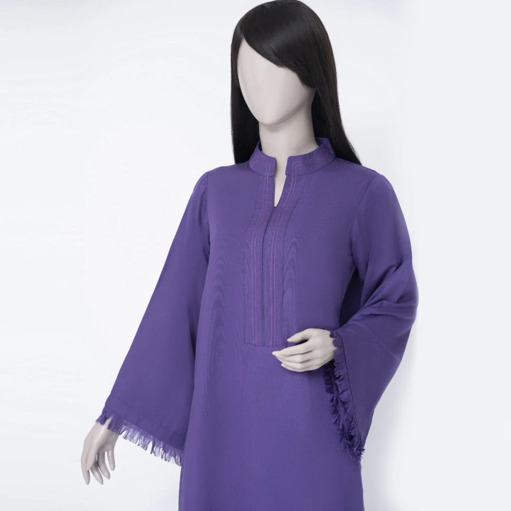 Purple Karandi Suit, Ban Collar & Frill Detailing, for Women