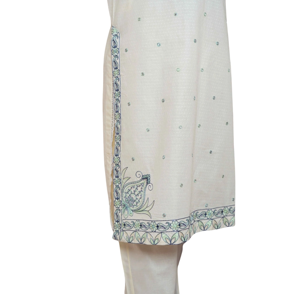 3-Piece Lawn Set, Embroidered Off-White with Blue Dupatta, for Women