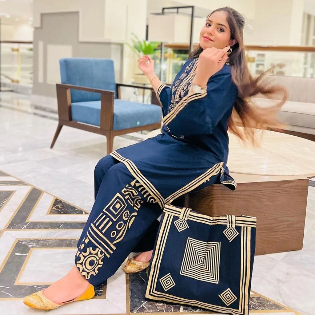 Arabic Lawn Suit, Pyramid Design & Free Handbag, for Women