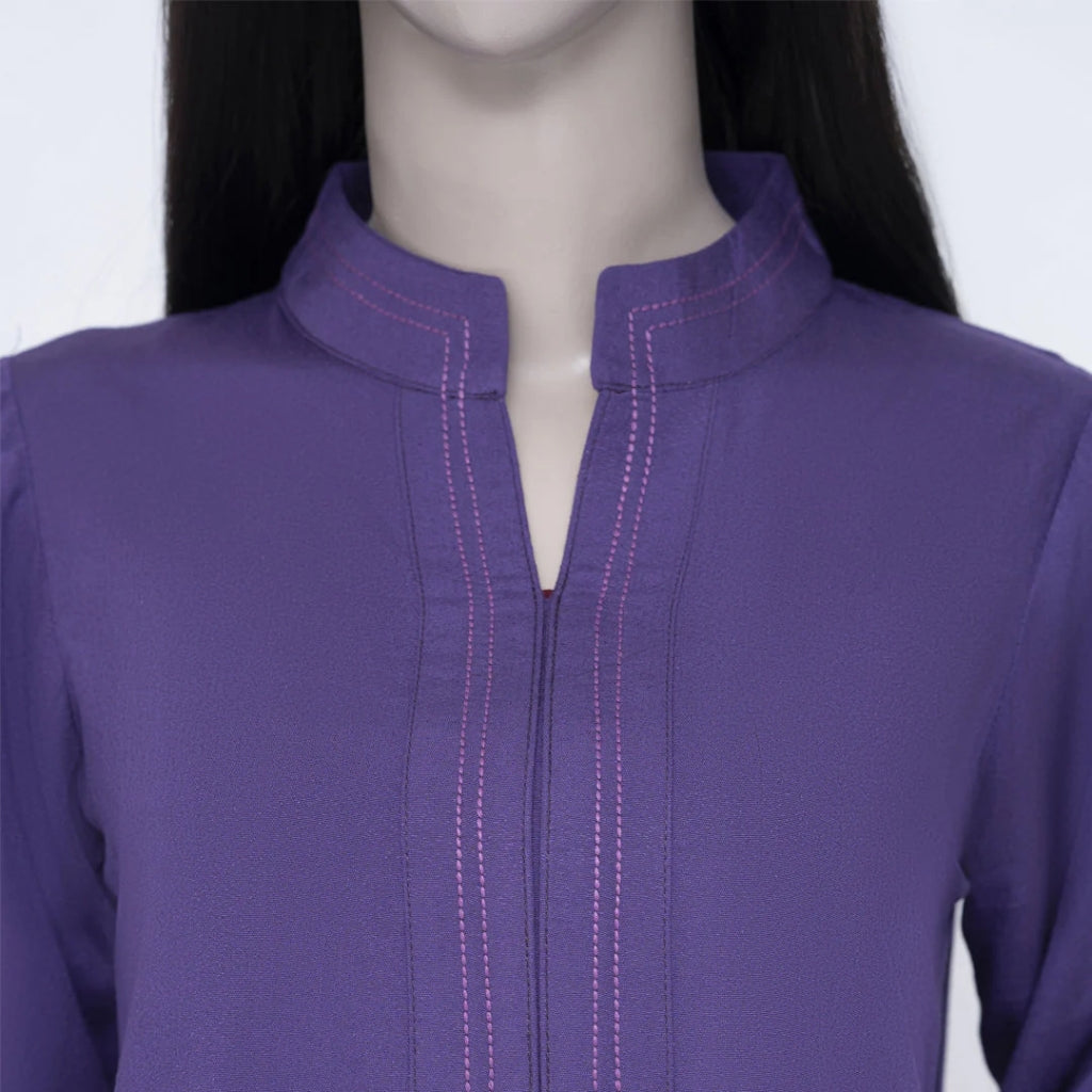 Purple Karandi Suit, Ban Collar & Frill Detailing, for Women