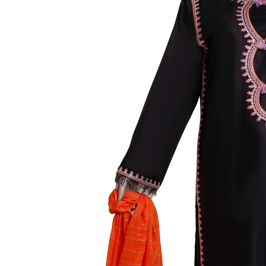 3-Piece Embroidered Lawn Suit, Black with Orange Dupatta, for Women