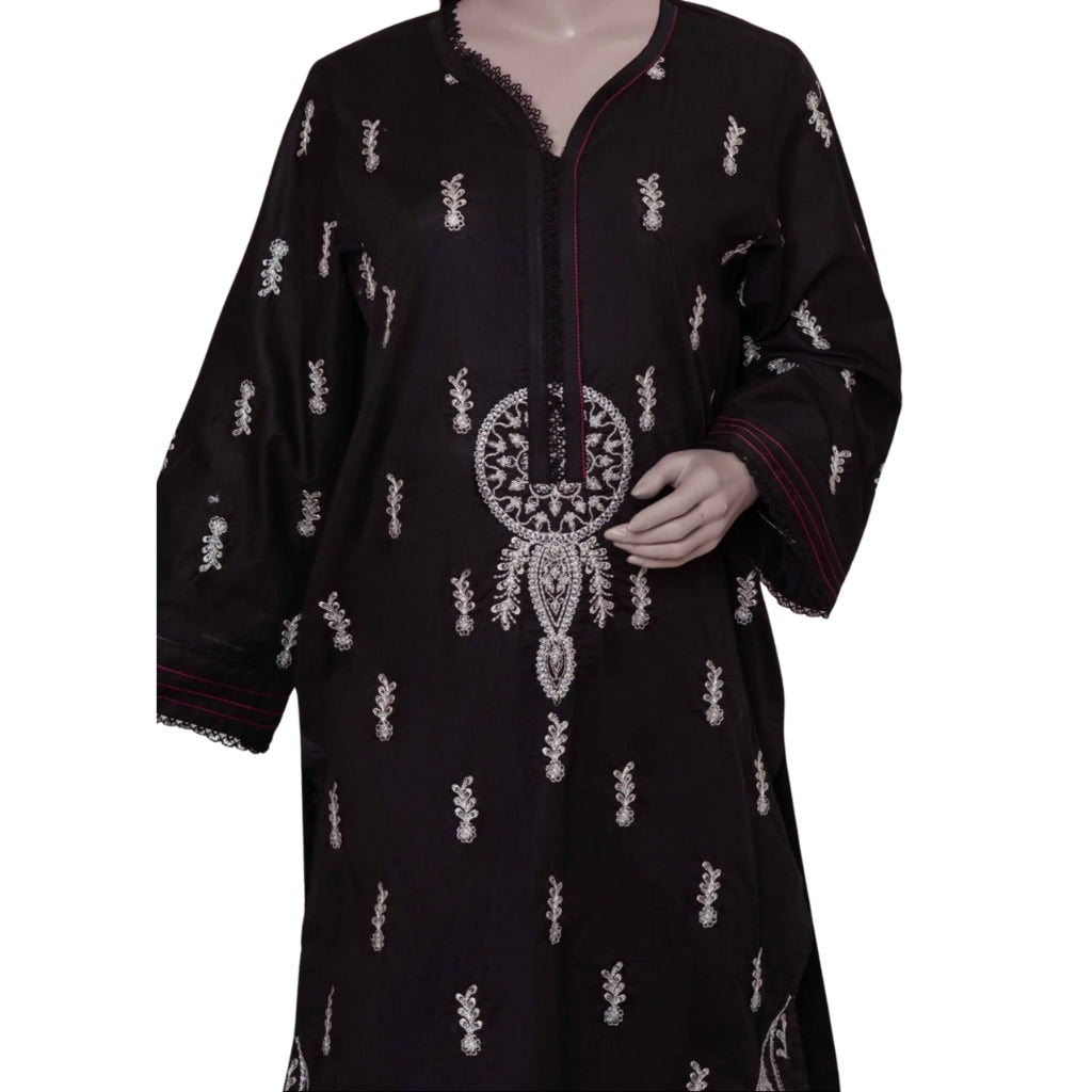Black Embroidered Lawn Suit, 3-Piece with Zari Dupatta, for Women