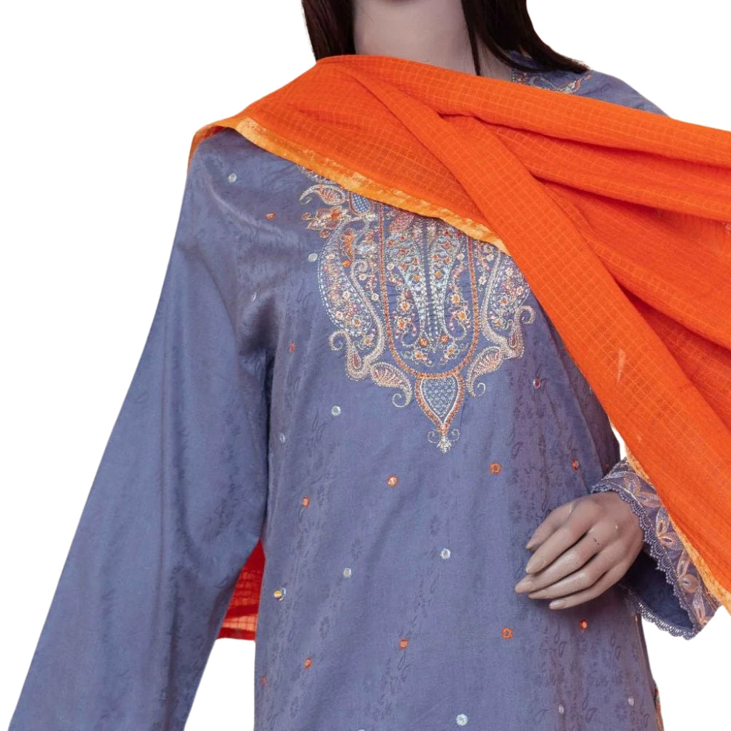 3-Piece Lawn Suit, Grey Embroidered with Zari Dupatta, for Women