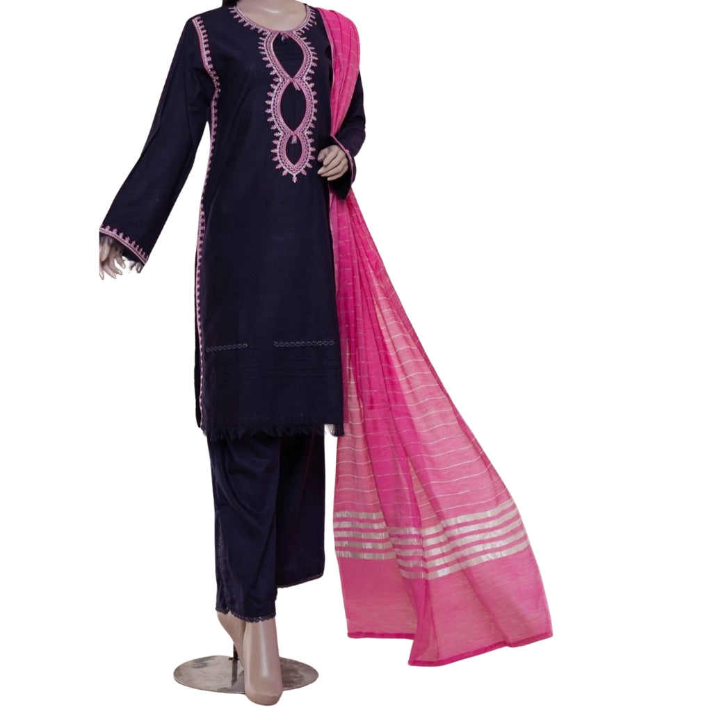 3-Piece Embroidered Lawn Suit, Navy with Pink Dupatta, for Women
