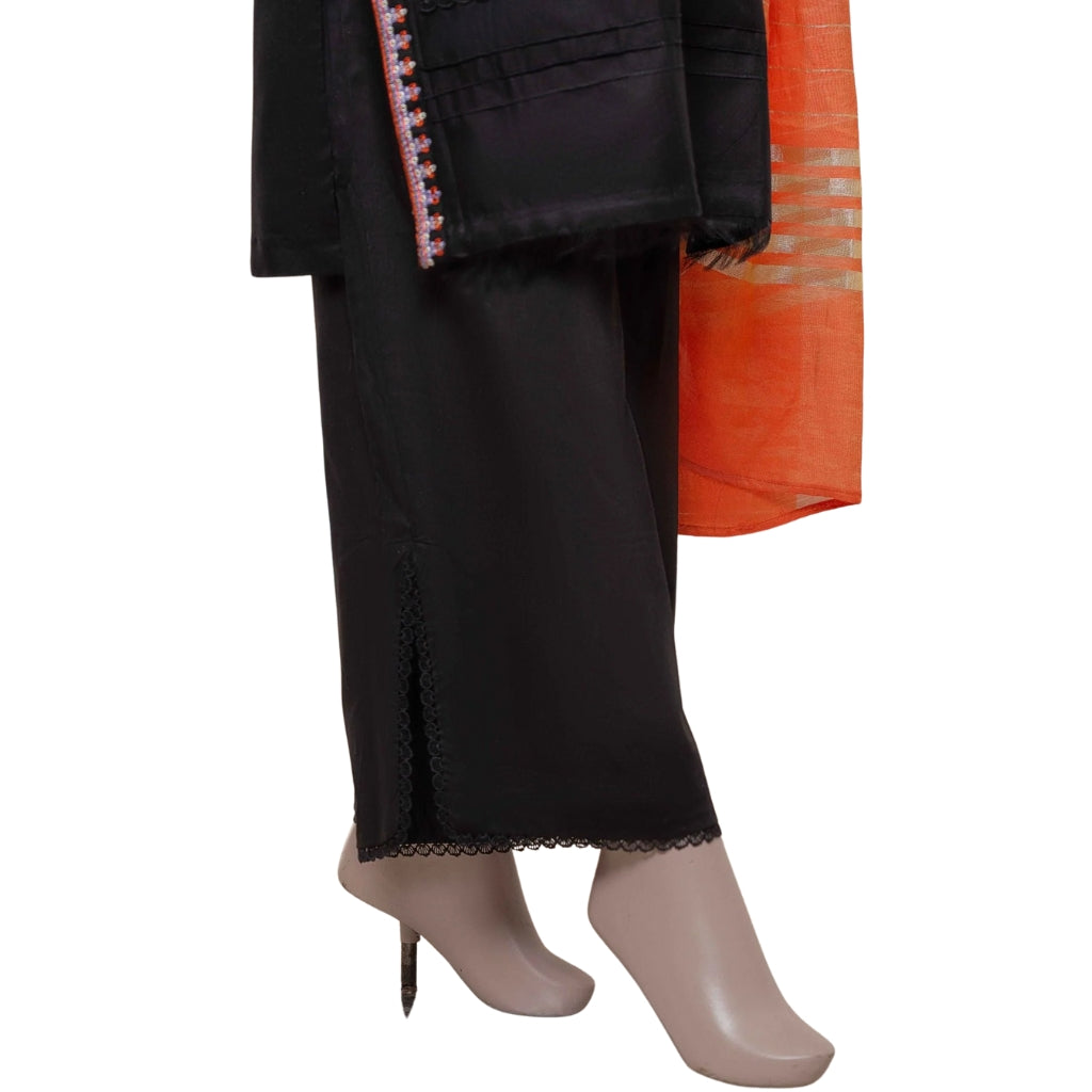 3-Piece Embroidered Lawn Suit, Black with Orange Dupatta, for Women