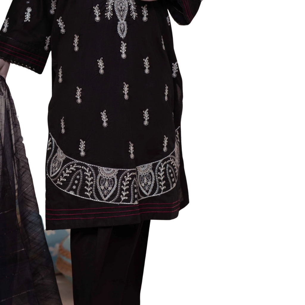 Black Embroidered Lawn Suit, 3-Piece with Zari Dupatta, for Women