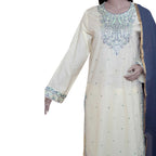 3-Piece Lawn Set, Embroidered Off-White with Blue Dupatta, for Women