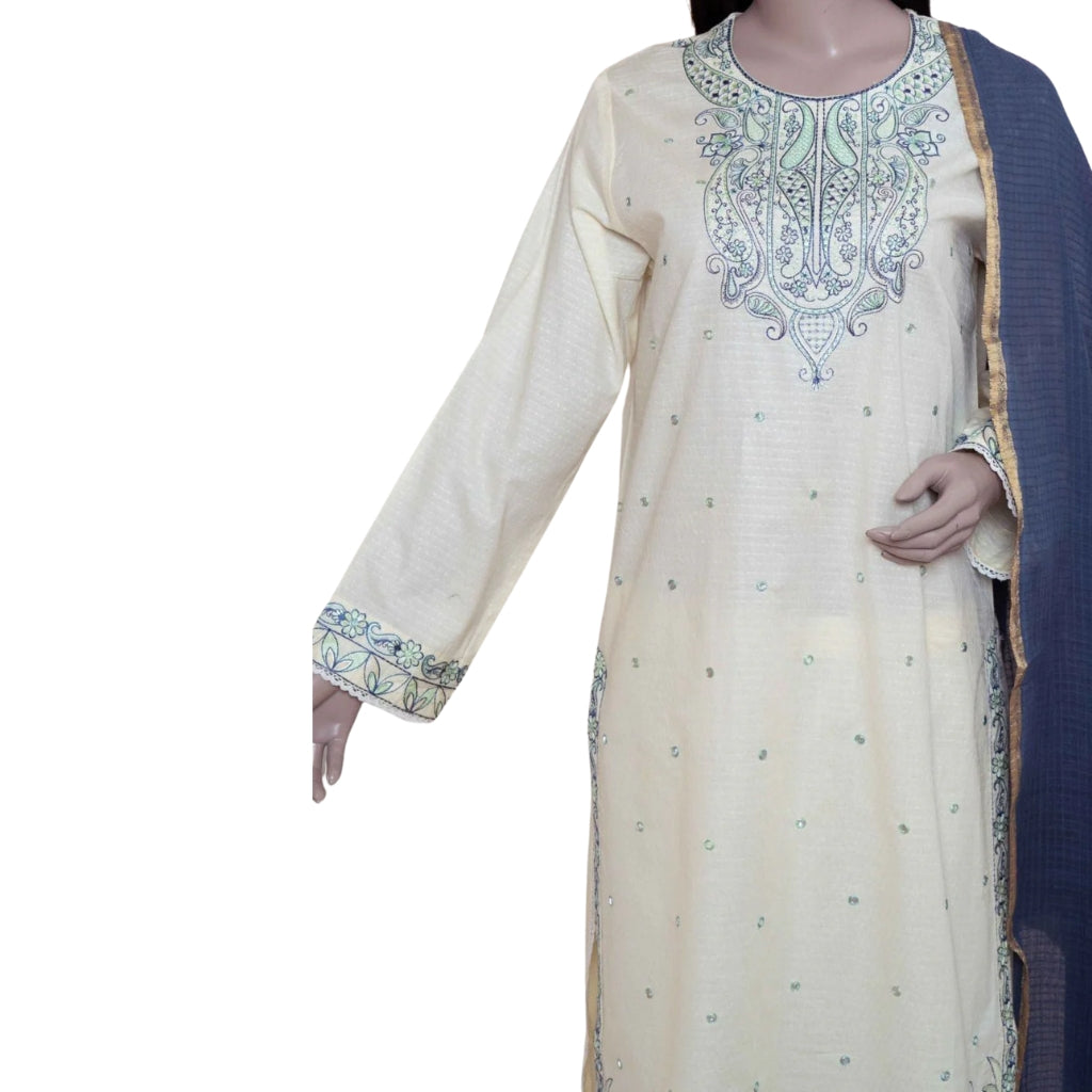 3-Piece Lawn Set, Embroidered Off-White with Blue Dupatta, for Women