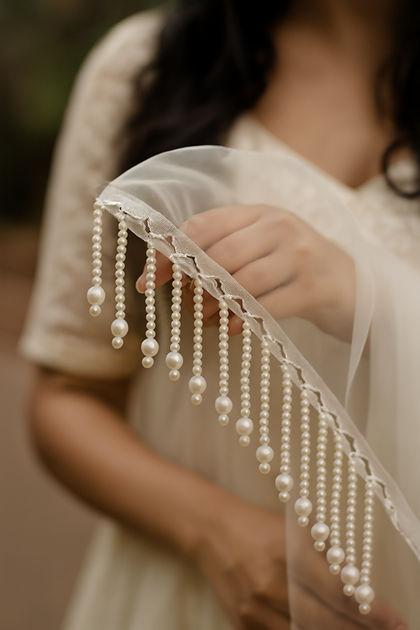 Pearl Latkan Hanging Lace Border for Dupatta & Dress Decoration – 1 Gaz (Approx. 1 Yard)