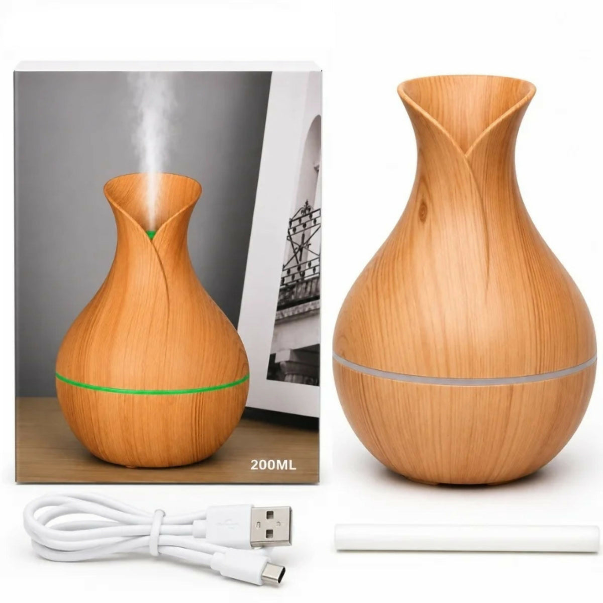 Vase-Shaped LED Humidifier | Model JSQ07 | USB Wood Grain Ultrasonic Cold Mist Humidifier | Aromatherapy Air Freshener | 200 ml