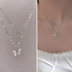 Korean Double Layer Pendant Necklace, Butterfly Design with Diamantes