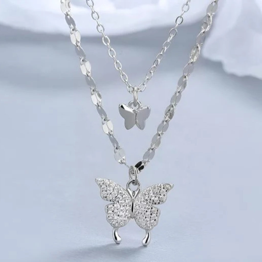 Korean Double Layer Pendant Necklace, Butterfly Design with Diamantes