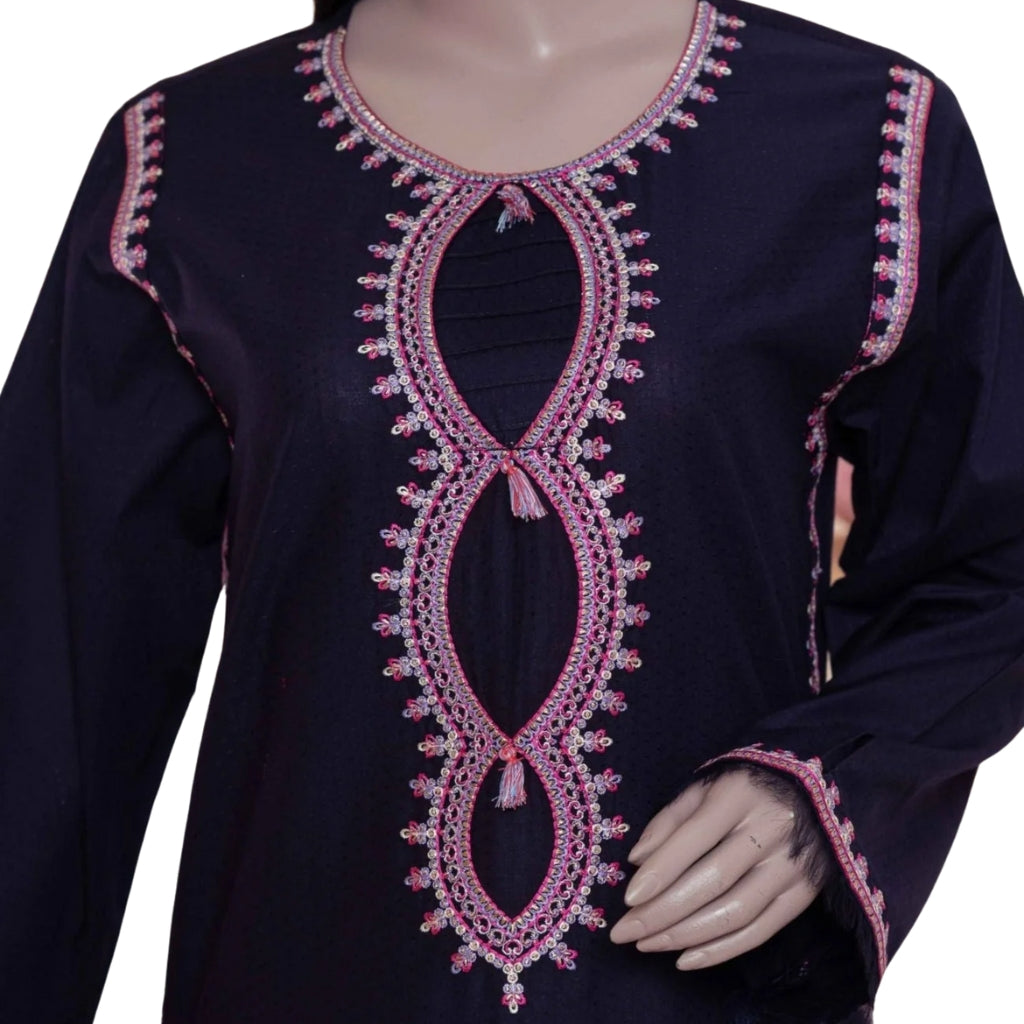3-Piece Embroidered Lawn Suit, Navy with Pink Dupatta, for Women