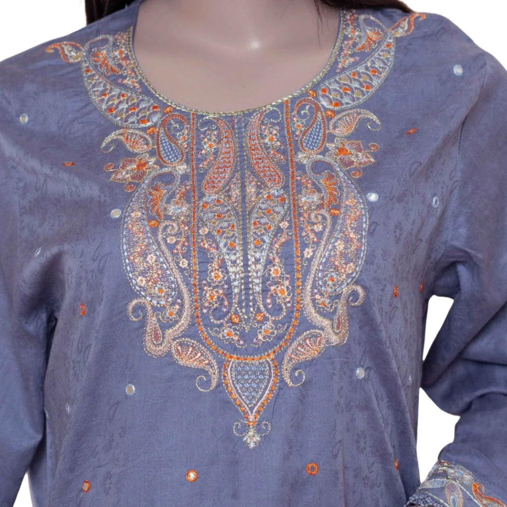 3-Piece Lawn Suit, Grey Embroidered with Zari Dupatta, for Women