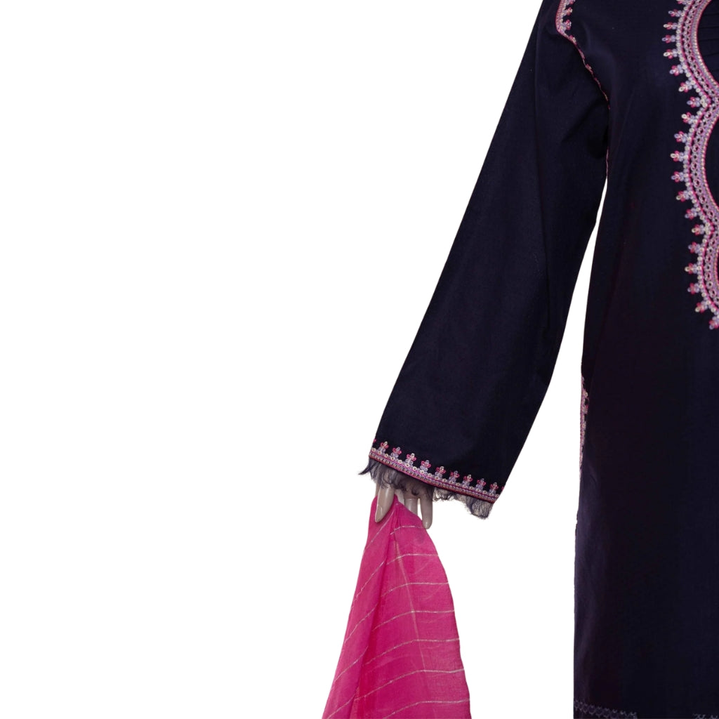 3-Piece Embroidered Lawn Suit, Navy with Pink Dupatta, for Women