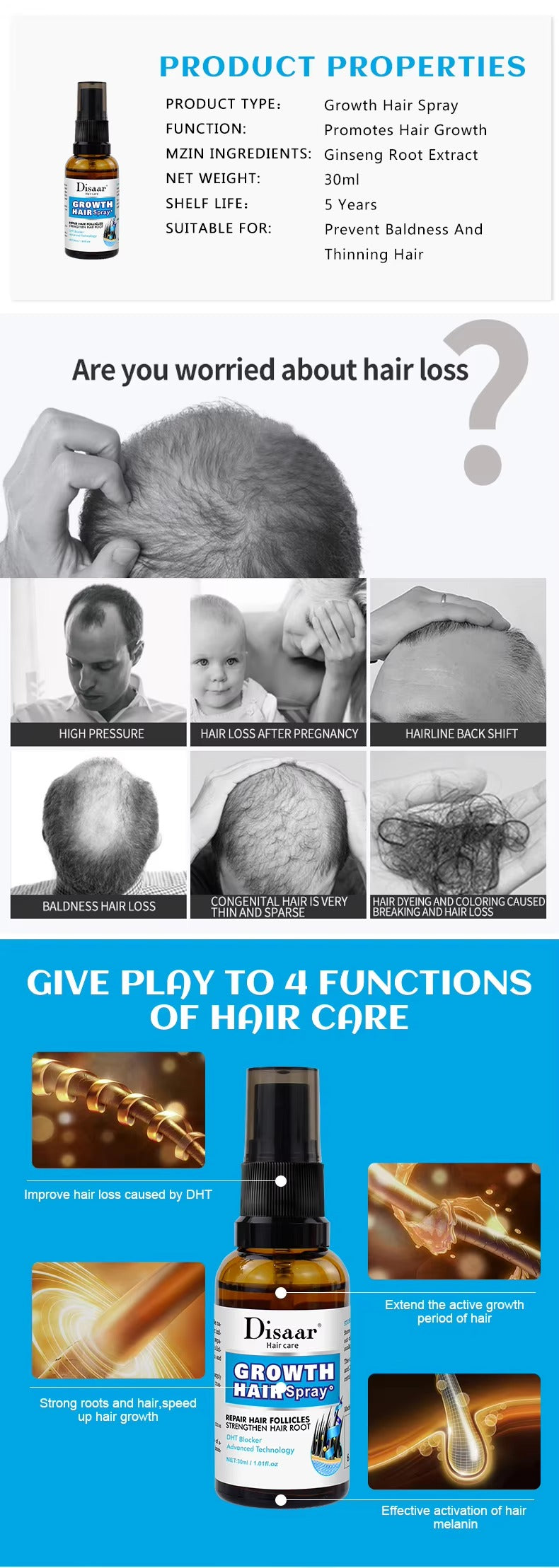 Disaar Vegan Ginseng Root Hair Growth Spray (30ml, DS4002): Natural Strengthener & Anti-Hair Loss Treatment