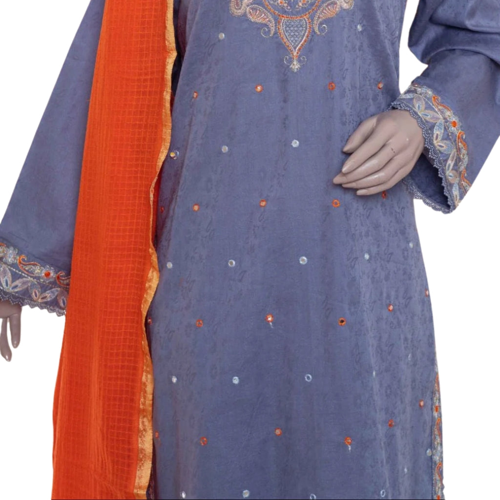 3-Piece Lawn Suit, Grey Embroidered with Zari Dupatta, for Women