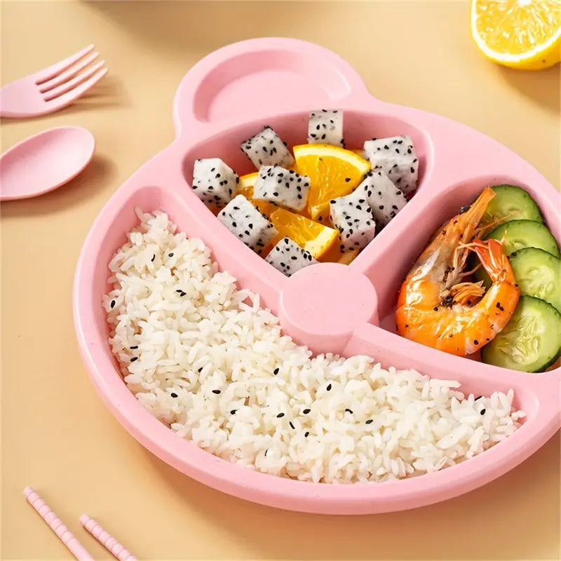 Cartoon Bear Divided Plate, with Spoon and Fork, for Kids - 5 Pcs