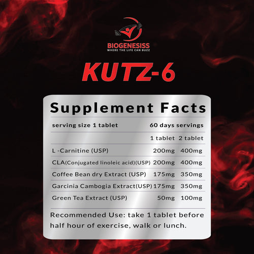BIOGENESISS KUTZ-6 Fat Burner, Thermogenic Energy Tablets 60 Count