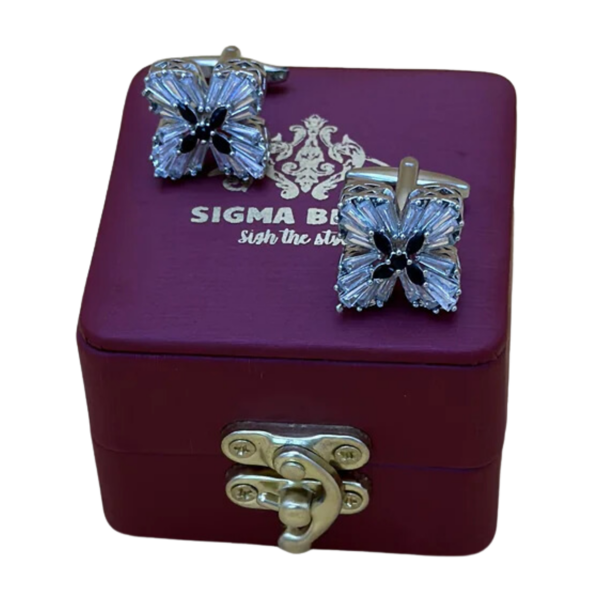 Cuff links Stud Button, Premium & Silver -Mini Black Stone Butterfly