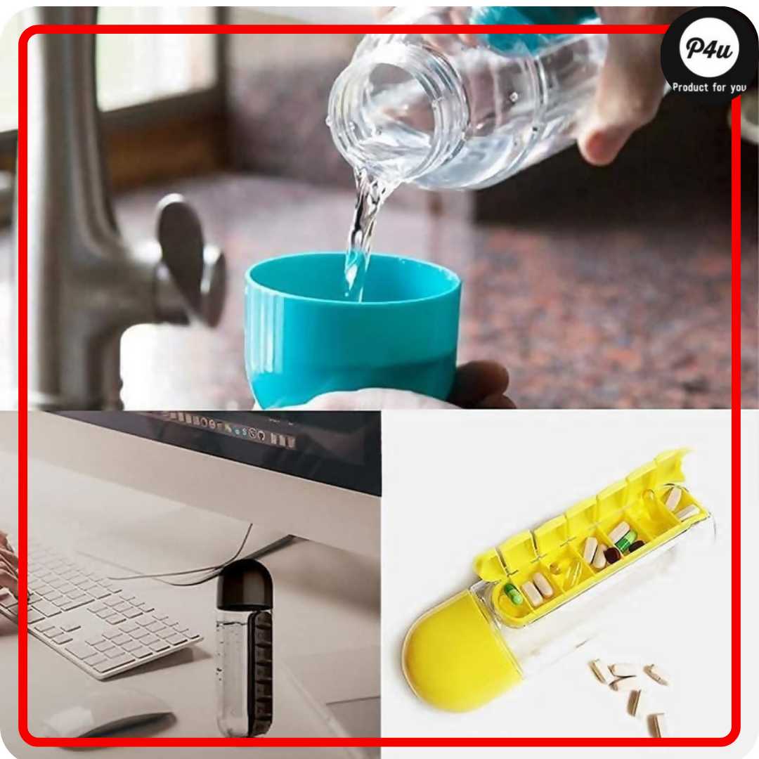 2 in 1 Daily Pill Box Organizer with Water Bottle 600ml