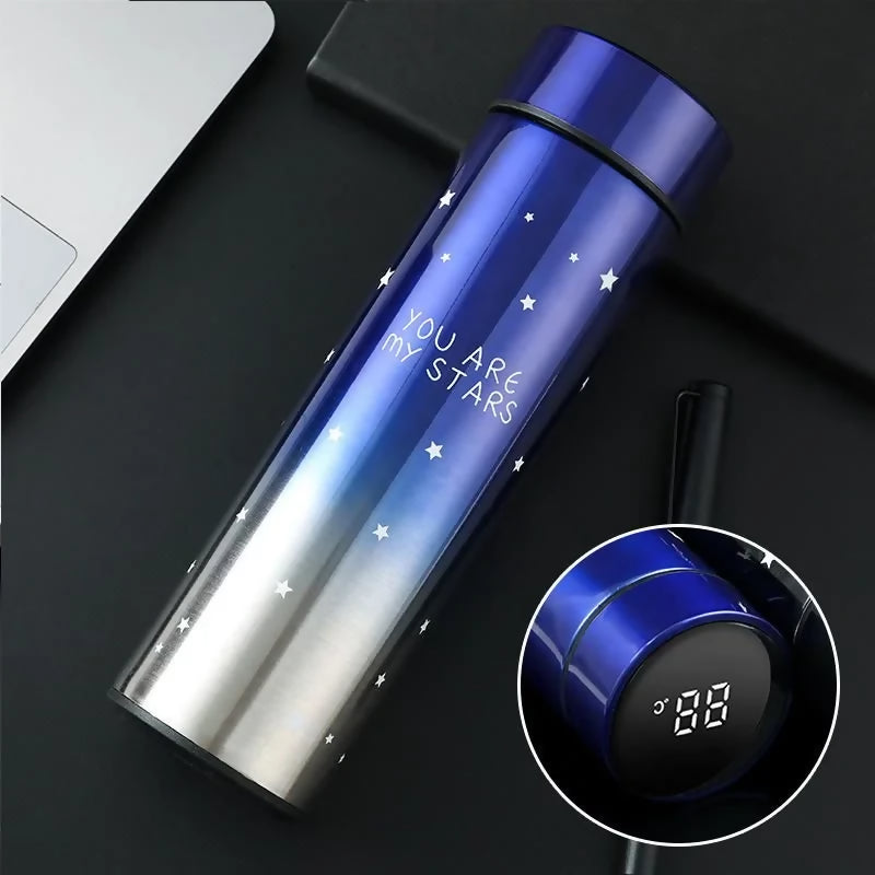 LED Temperature Display Water Bottle Stars Design | Smart Stainless Steel Vacuum 500ml Flask | Random Color LED Temperature Display Water Bottle