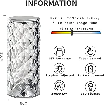 Touch Lamp, Rechargeable Crystal Diamond Table Lamp 16 Color LED