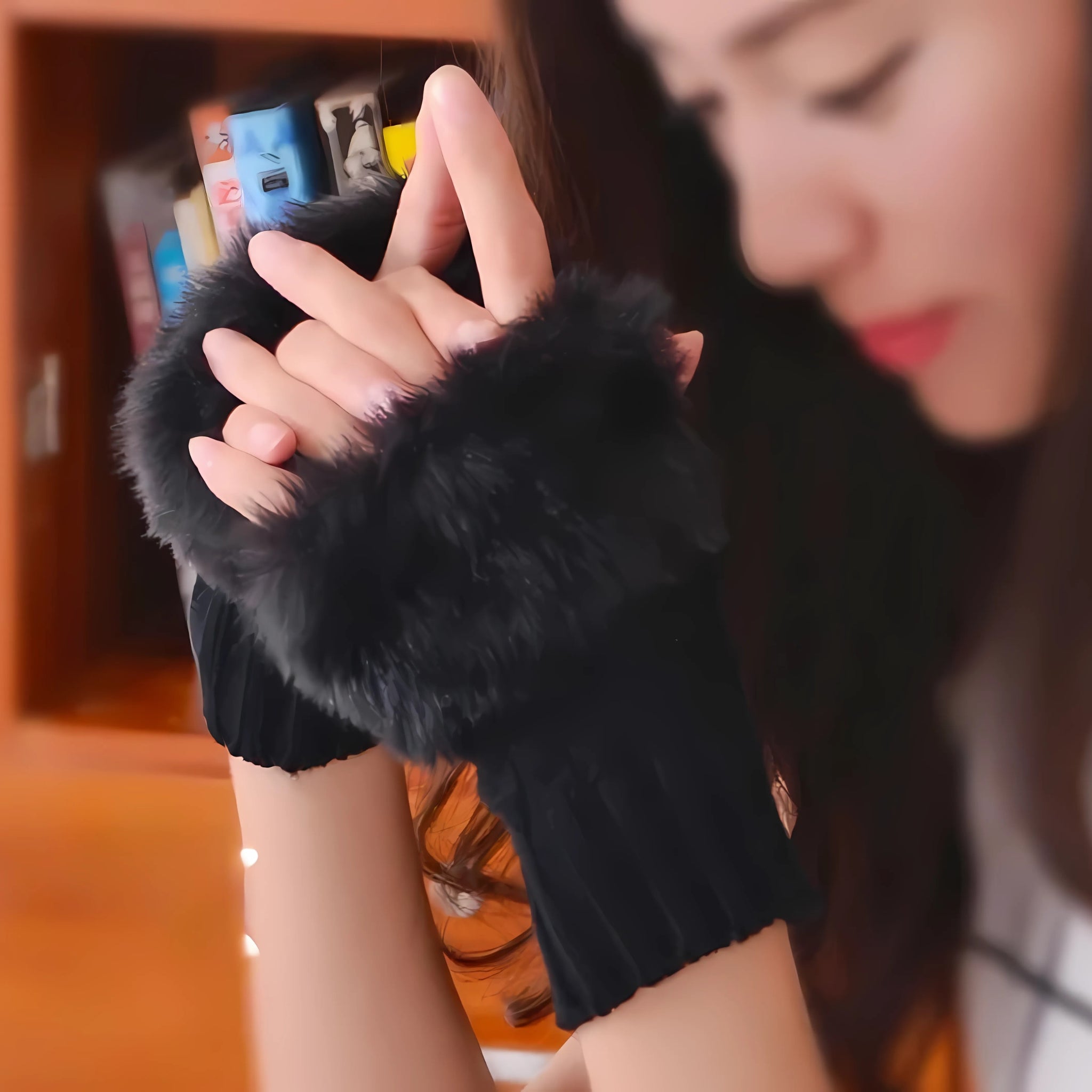 Fingerless Gloves, Stylish Blended Material & Black, for Women