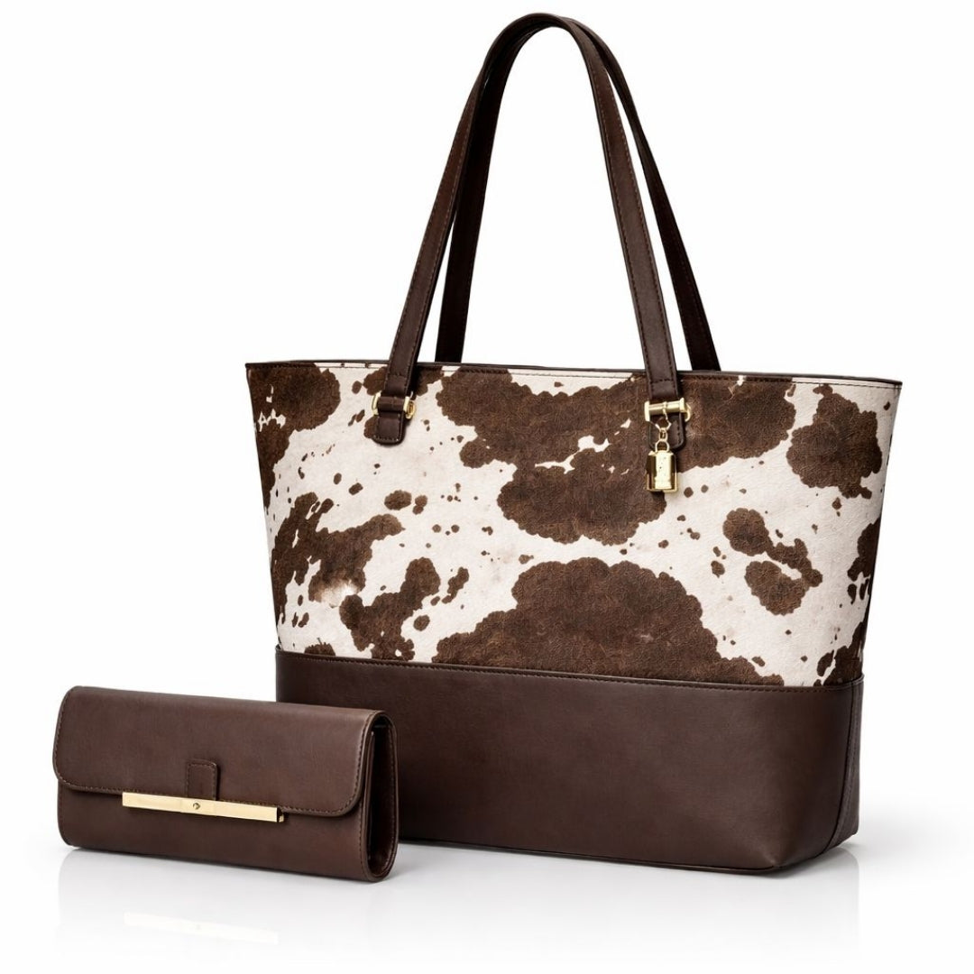 2 piece black cow print tote bag set for women with roomy shoulder bag and matching accessory pouch