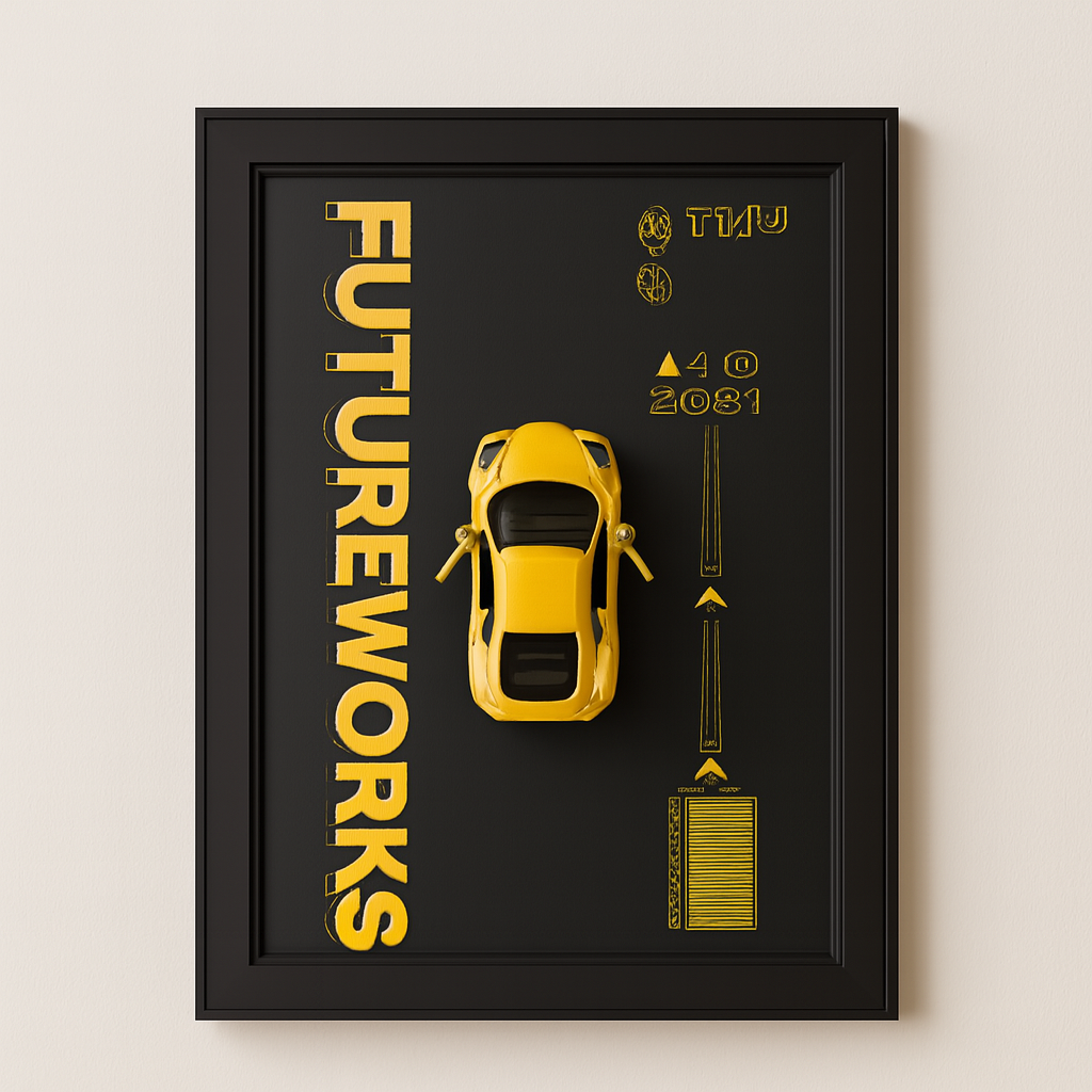 Metal 3D Yellow Sports Car Wall Frame For Modern Interior Decoration 8x12 Inch