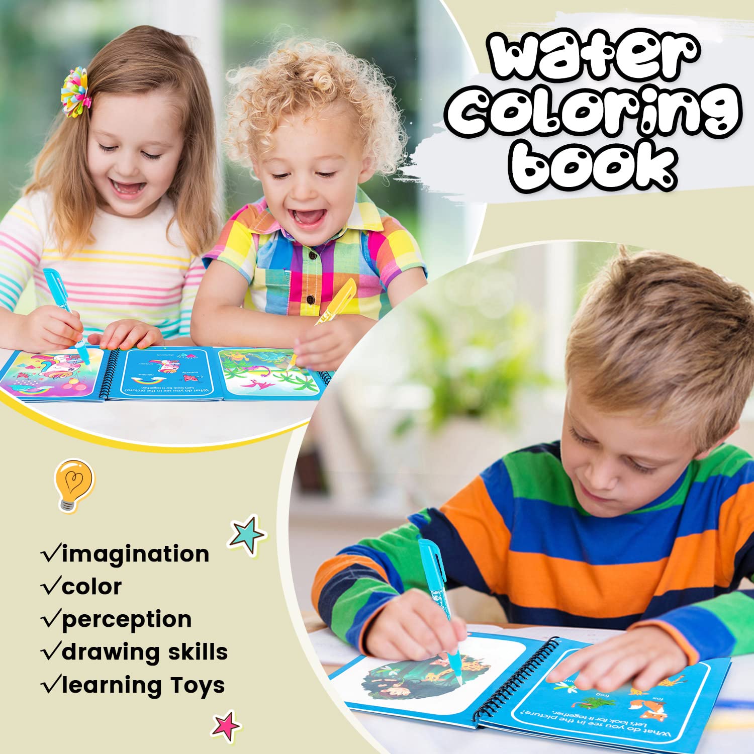 Magic Water Drawing Book, Reusable Coloring Book with Water Pen, Perfect for Kids