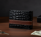 Men’s Croc Leather Wallet – Genuine Cow Leather Bifold (Black with Maroon Strip)