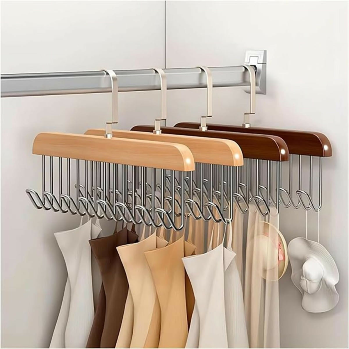 8 Hooks Wooden Clothes Hanger With Tie Rack Belt Hangers with 360°Rotating
