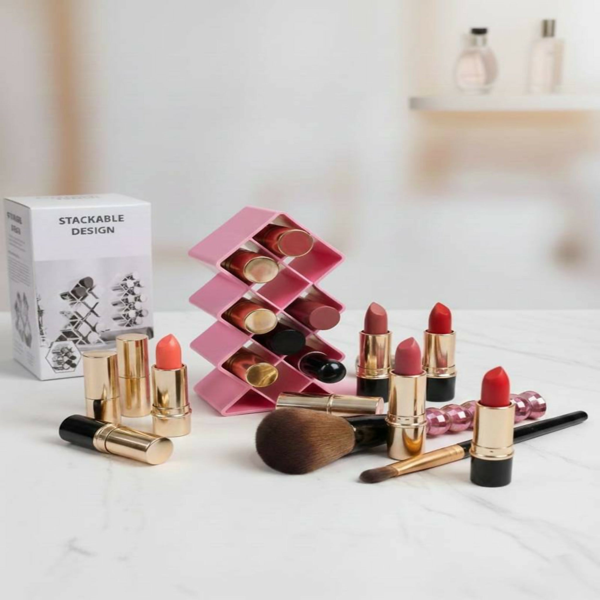 10 Grid Lipstick Organizer with Storage Box – Makeup & Cosmetic Holder | Random Color
