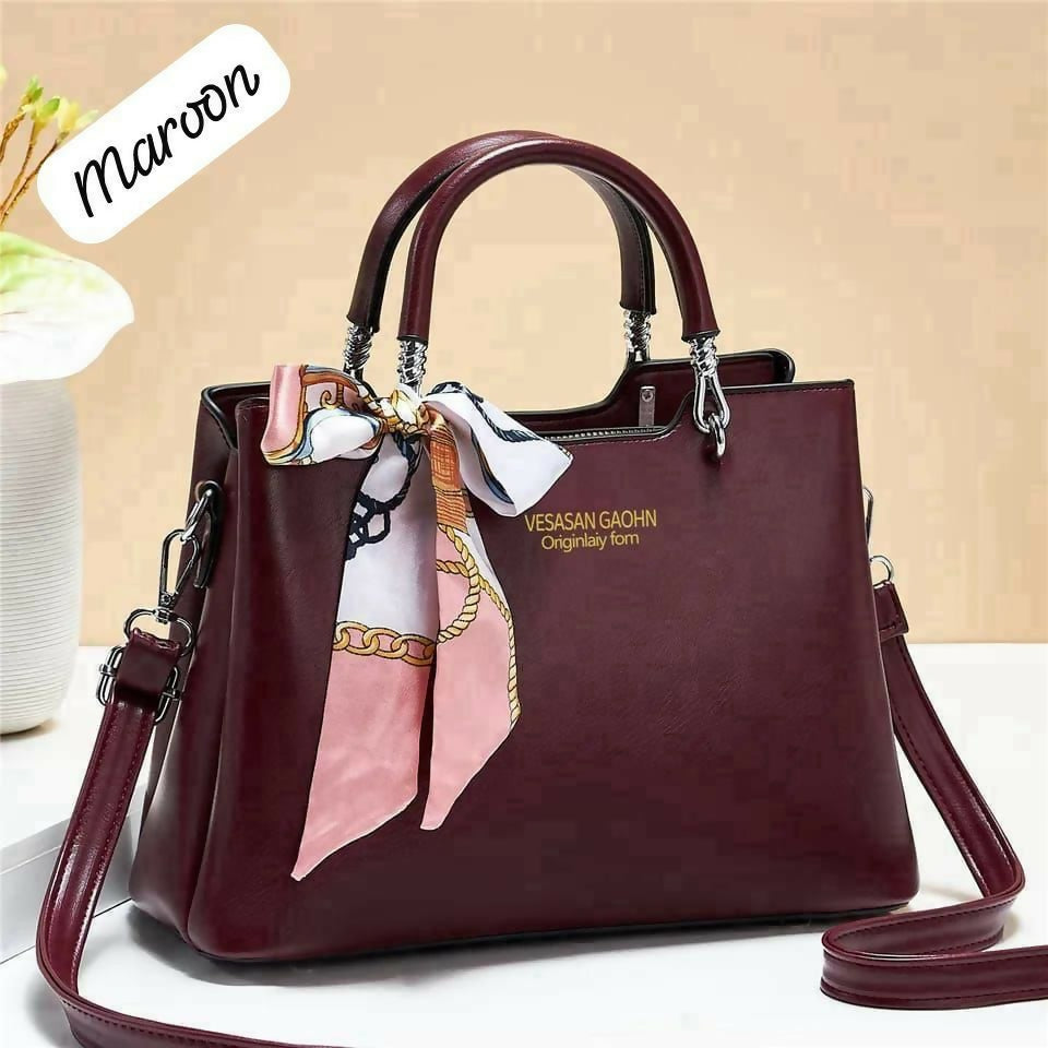 1Pc Vesasan Gaohn Faux Leather Handbag With Decorative Scarf Elegant Design Premium Quality - Black - Brown - Dark Blue - Dark Green - Light Pink - Maroon - Purple