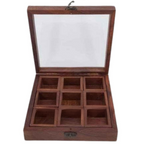 Wooden Masala Box, 9 Compartments with Spoon, 9″x9″, High-Quality Wood