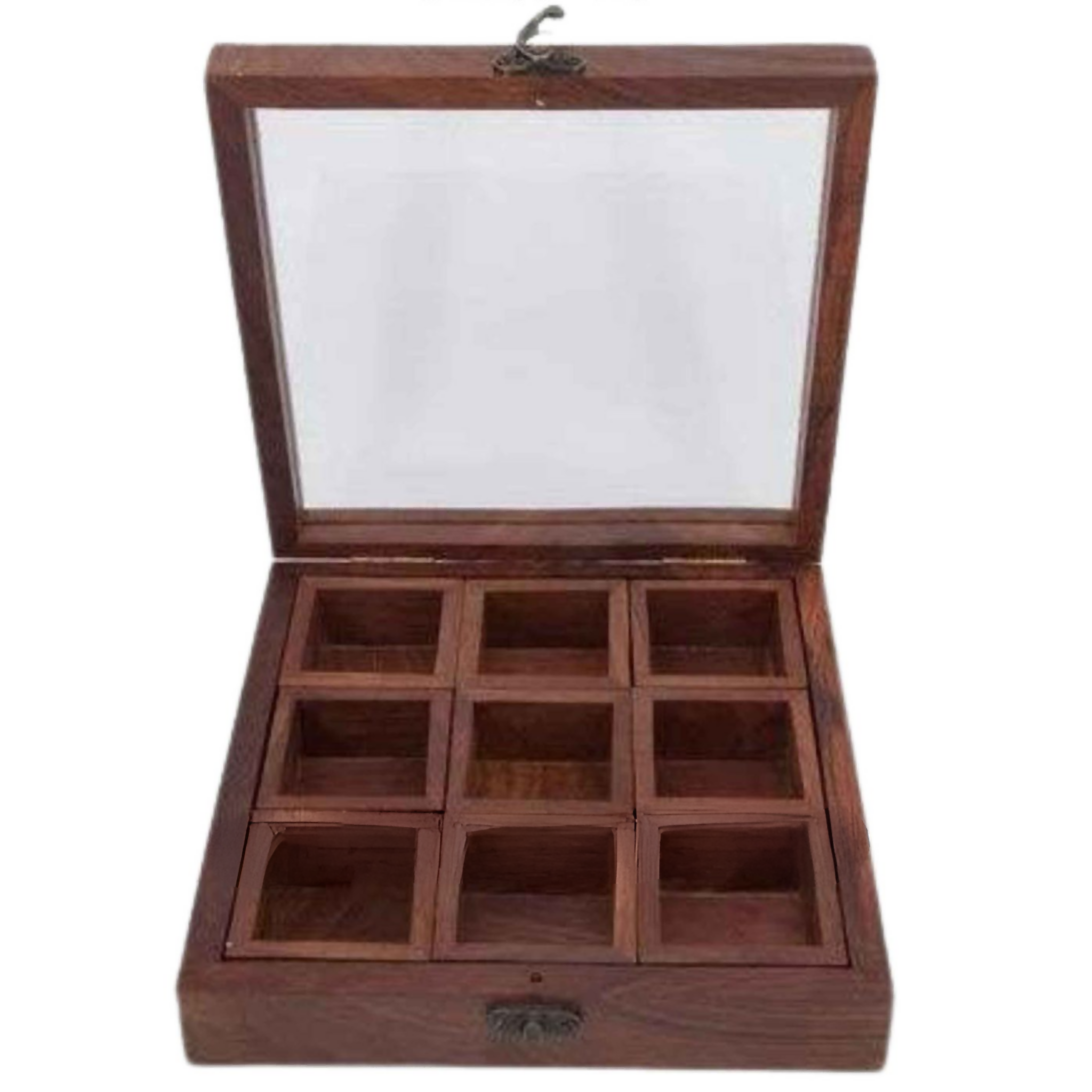 Wooden Masala Box, 9 Compartments with Spoon, 9″x9″, High-Quality Wood