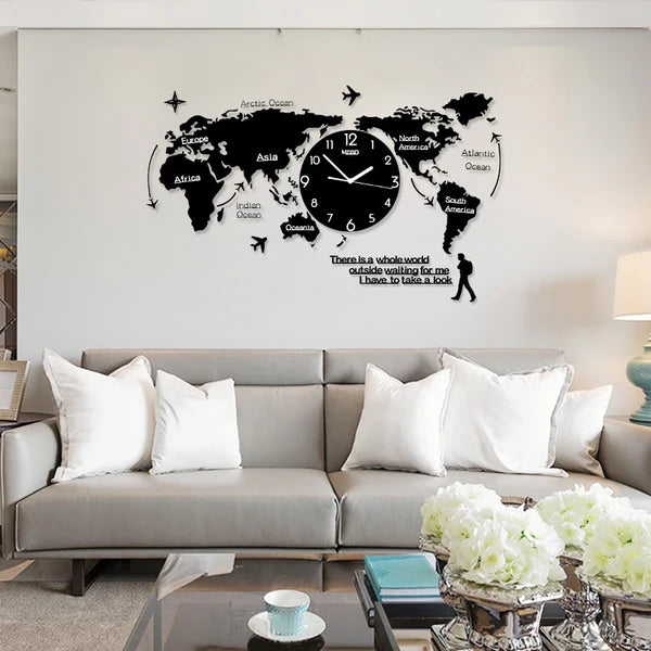 Wooden World Map Wall Clock for Living Room Decor