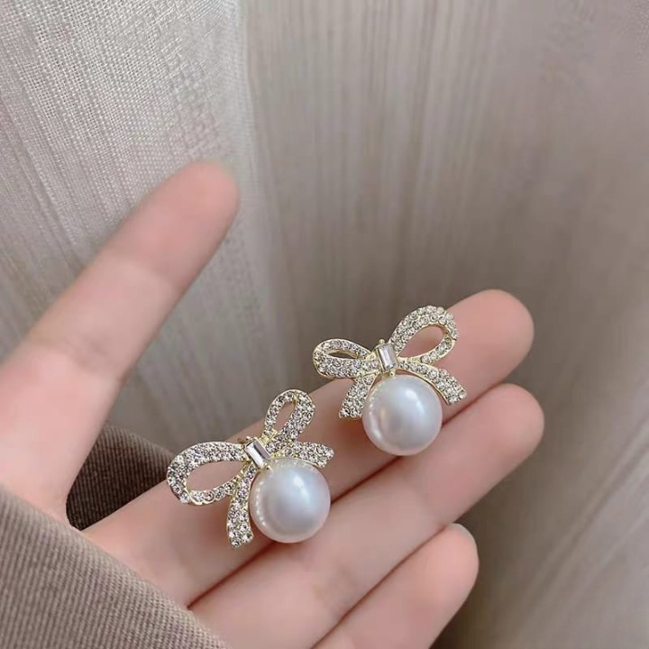 Bow Knot Pearl Zircon Earrings Korean Style Jewelry