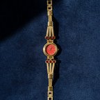Coral Dial Gold-Tone Bracelet Watch with Ruby Crystal Accents