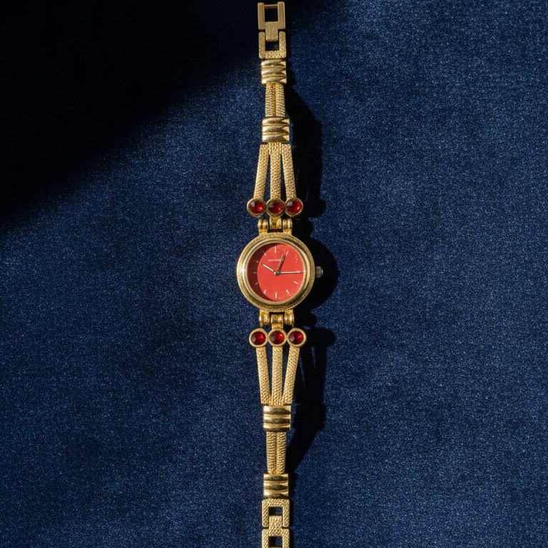 Coral Dial Gold-Tone Bracelet Watch with Ruby Crystal Accents