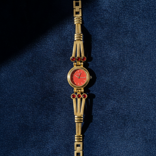 Coral Dial Gold-Tone Bracelet Watch with Ruby Crystal Accents