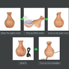 Vase-Shaped LED Humidifier | Model JSQ07 | USB Wood Grain Ultrasonic Cold Mist Humidifier | Aromatherapy Air Freshener | 200 ml