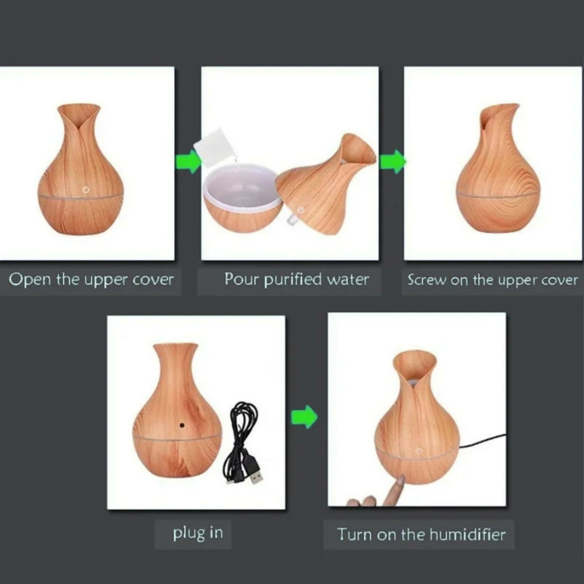 Vase-Shaped LED Humidifier | Model JSQ07 | USB Wood Grain Ultrasonic Cold Mist Humidifier | Aromatherapy Air Freshener | 200 ml