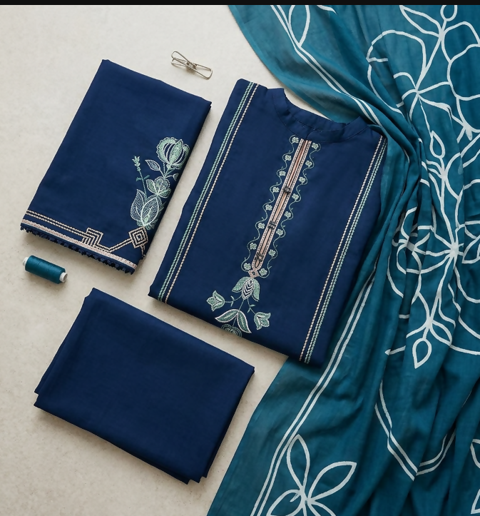 3 Pc Embroidered Lawn Suit Blue For Women