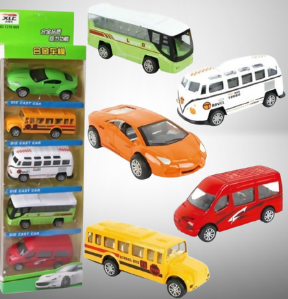 5-Piece Die Cast Metal Car and Bus Set – 1:64 Scale City Vehicle Collection for Kids – Pull Back & Release – Durable Metal & Plastic Construction – Educational Toy for Ages 3+