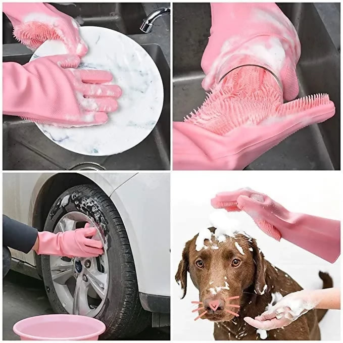 Silicone Dishwashing & Cleaning Pair Gloves – Reusable Heat Resistant Scrubber Gloves for Kitchen, Bathroom & Household Cleaning | Random Color