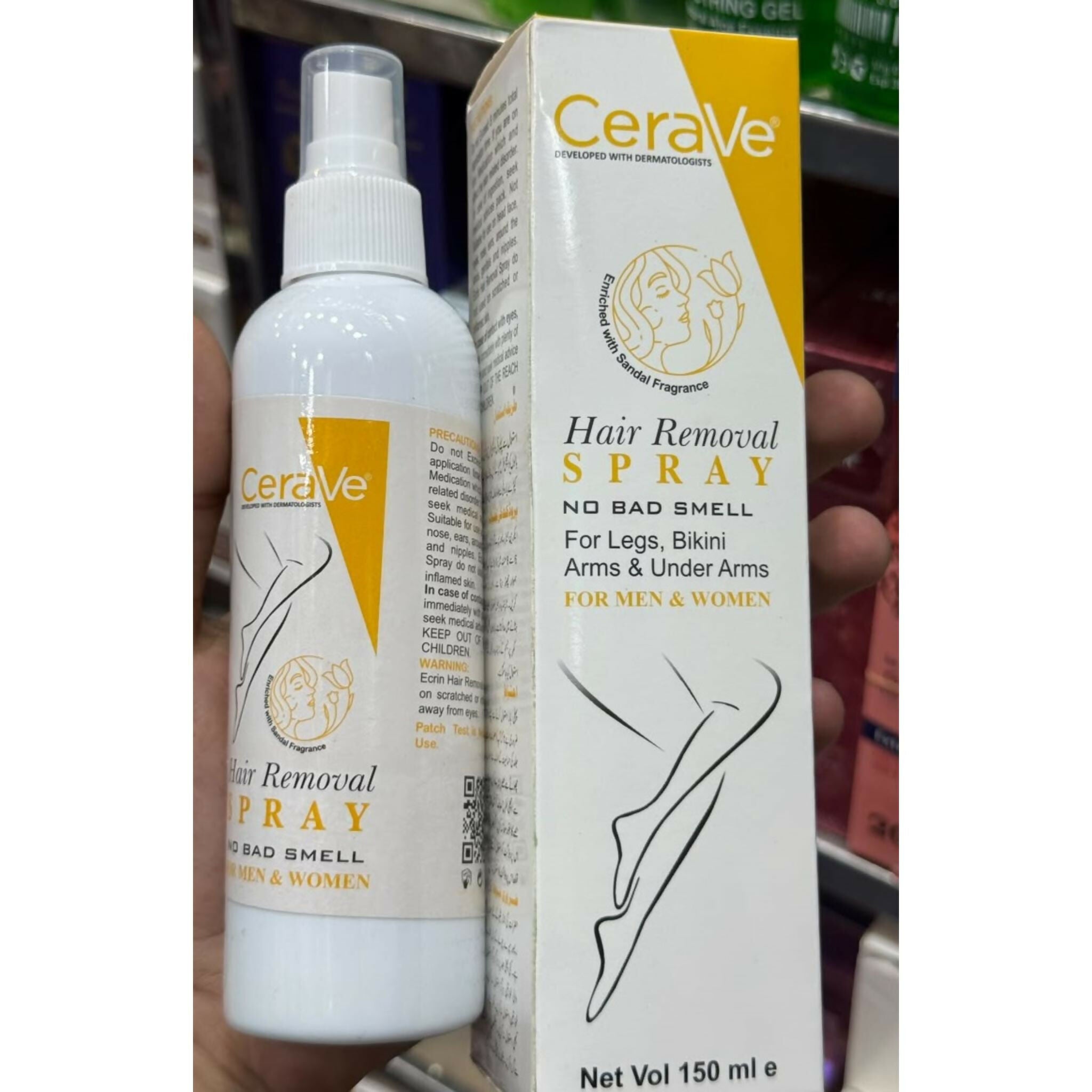 Yellow CeraVe Hair Removal Spray - Gentle Body Hair Eliminator Smooth Skin Depilatory Formula Easy Spray Skincare Product For Men And Women - 150ML